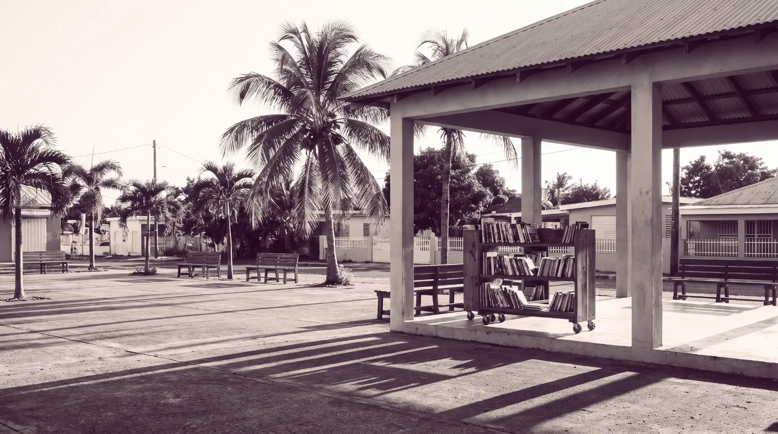 Duotone photograph of an Aruban neighbourhood square with a book cart under a shaded pavilion.