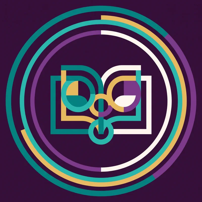 Abstract illustration of an open book with a growing sprout, framed by concentric brand-coloured rings.